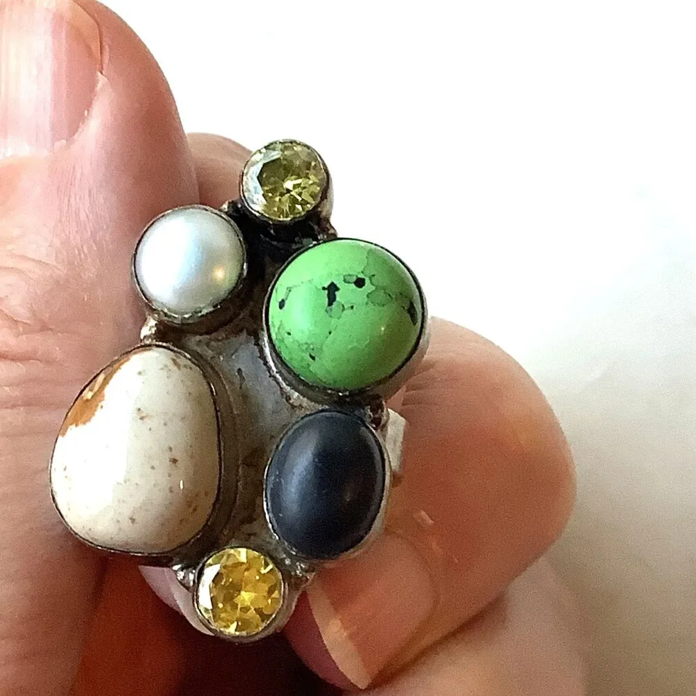 Handcrafted Ring Sterling Silver Vintage Size 8 Multi Stone Cluster Signed 925